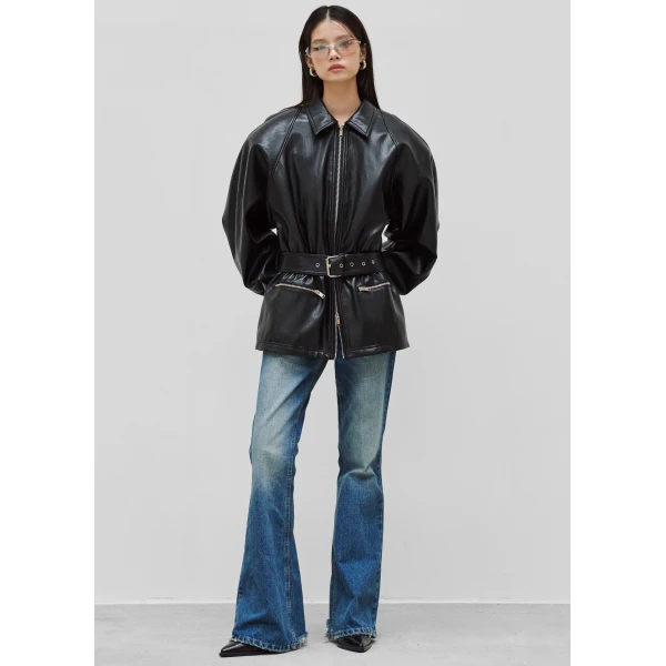 The Frankie Shop Annette Faux Leather Peplum Jacket – Black, view 2