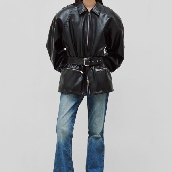 The Frankie Shop Annette Faux Leather Peplum Jacket - Black - Oversized Minimalist Jackets in Black - Shop at Coveti