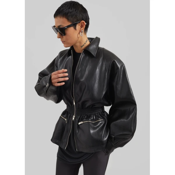 The Frankie Shop Annette Faux Leather Peplum Jacket – Black, view 3
