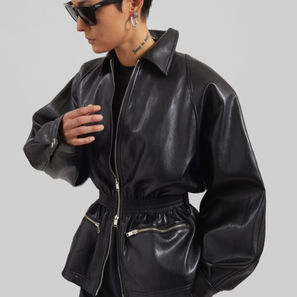 The Frankie Shop Annette Faux Leather Peplum Jacket - Black - Oversized Minimalist Jackets in Black - Shop at Coveti