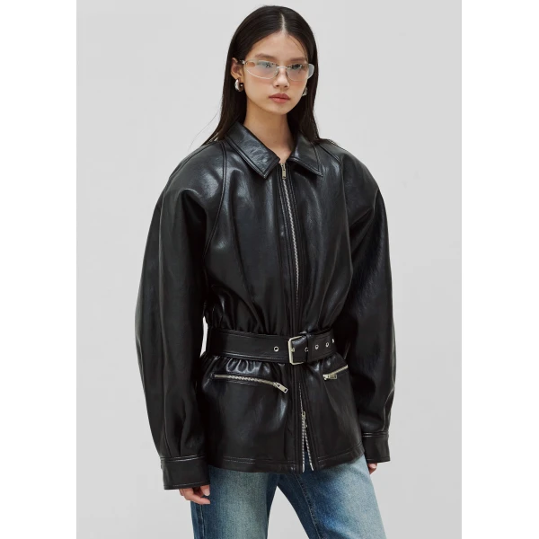 The Frankie Shop Annette Faux Leather Peplum Jacket – Black, view 5