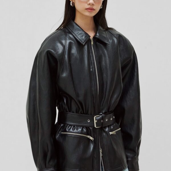 The Frankie Shop Annette Faux Leather Peplum Jacket - Black - Oversized Minimalist Jackets in Black - Shop at Coveti