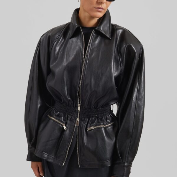 The Frankie Shop Annette Faux Leather Peplum Jacket - Black - Oversized Minimalist Jackets in Black - Shop at Coveti