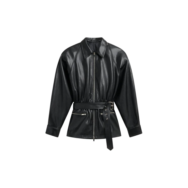 The Frankie Shop Annette Faux Leather Peplum Jacket - Black - Oversized Minimalist Jackets in Black - Shop at Coveti