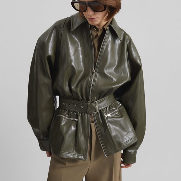 The Frankie Shop Annette Faux Leather Peplum Jacket - Olive - Oversized Minimalist Jackets in Green - Shop at Coveti