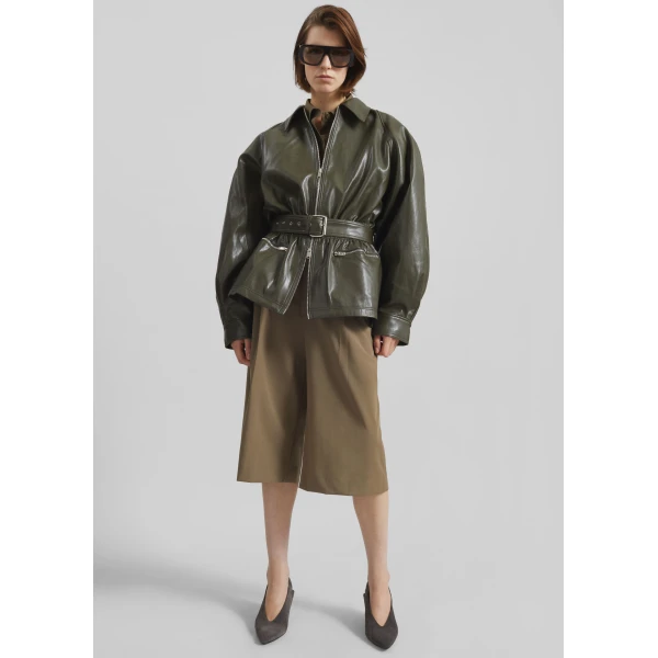 The Frankie Shop Annette Faux Leather Peplum Jacket – Olive, view 3