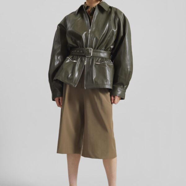 The Frankie Shop Annette Faux Leather Peplum Jacket - Olive - Oversized Minimalist Jackets in Green - Shop at Coveti