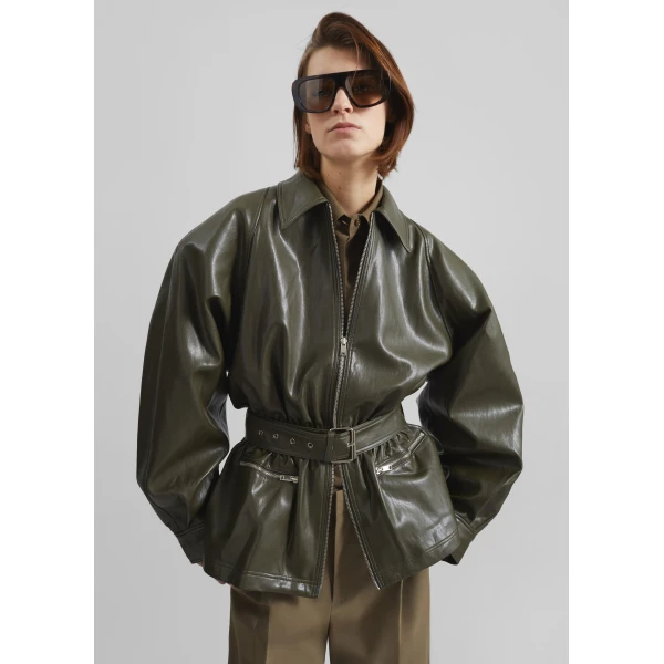 The Frankie Shop Annette Faux Leather Peplum Jacket – Olive, view 4