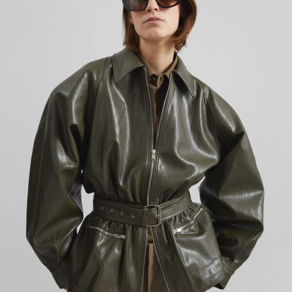 The Frankie Shop Annette Faux Leather Peplum Jacket - Olive - Oversized Minimalist Jackets in Green - Shop at Coveti