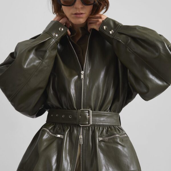 The Frankie Shop Annette Faux Leather Peplum Jacket - Olive - Oversized Minimalist Jackets in Green - Shop at Coveti