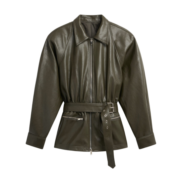 The Frankie Shop Annette Faux Leather Peplum Jacket - Olive - Oversized Minimalist Jackets in Green - Shop at Coveti