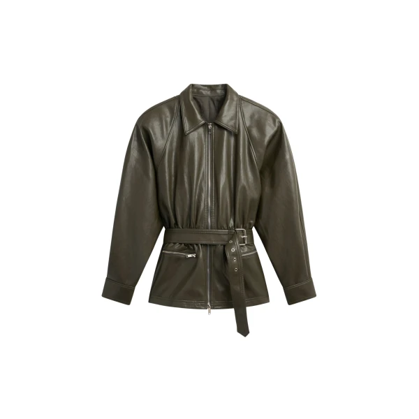The Frankie Shop Annette Faux Leather Peplum Jacket - Olive - Oversized Minimalist Jackets in Green - Shop at Coveti
