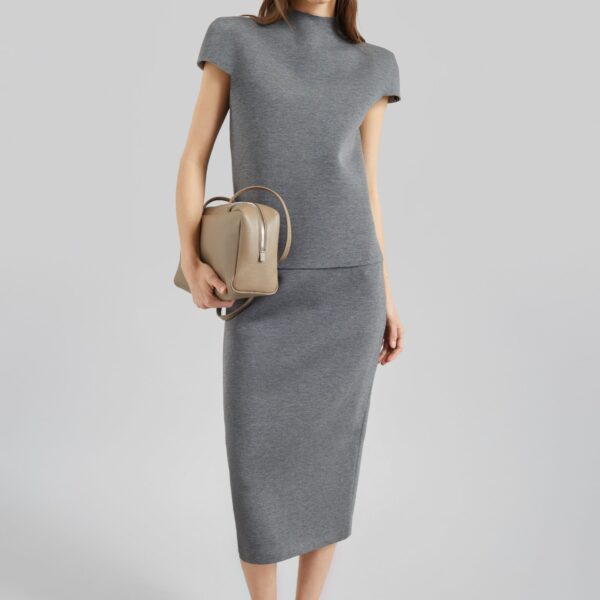 The Frankie Shop Anya Neoprene Midi Skirt - Grey Melange - Oversized Minimalist Skirts in Grey - Shop at Coveti