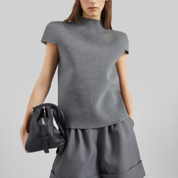 The Frankie Shop Anya Neoprene Sculpted Sleeve Top - Grey Melange - Oversized Minimalist Tops in Grey - Shop at Coveti