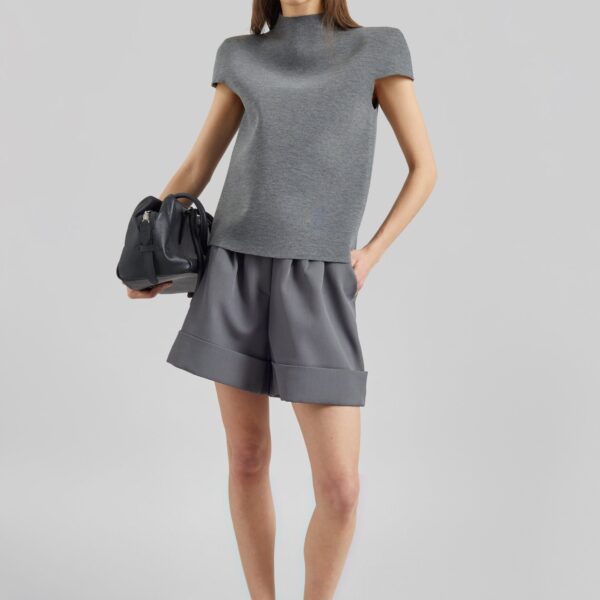 The Frankie Shop Anya Neoprene Sculpted Sleeve Top - Grey Melange - Oversized Minimalist Tops in Grey - Shop at Coveti