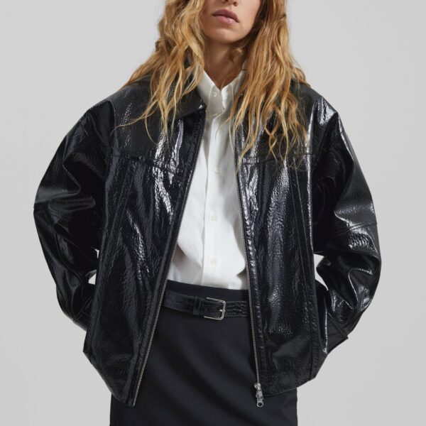The Frankie Shop Arbor Crackled Faux Leather Jacket - Black - Oversized Minimalist Jackets in Black - Shop at Coveti
