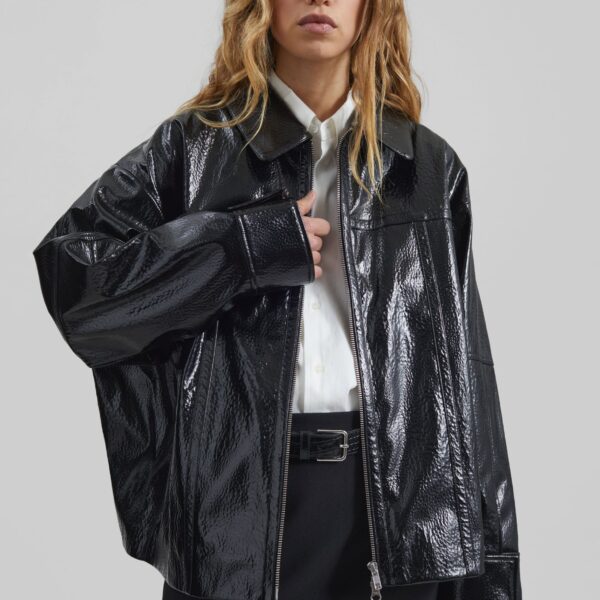 The Frankie Shop Arbor Crackled Faux Leather Jacket - Black - Oversized Minimalist Jackets in Black - Shop at Coveti