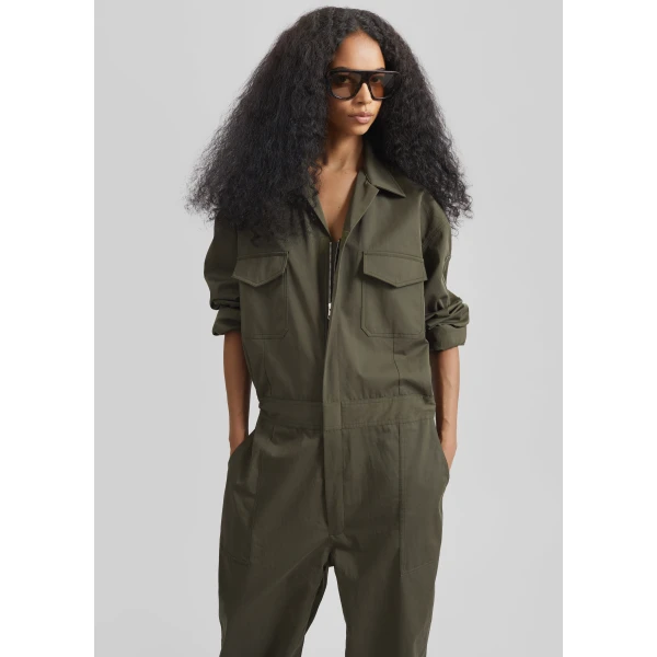 The Frankie Shop Ardea Cotton Utility Jumpsuit – Dark Olive, view 3