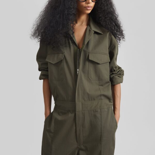 The Frankie Shop Ardea Cotton Utility Jumpsuit - Dark Olive - Oversized Minimalist Jumpsuit in Green - Shop at Coveti