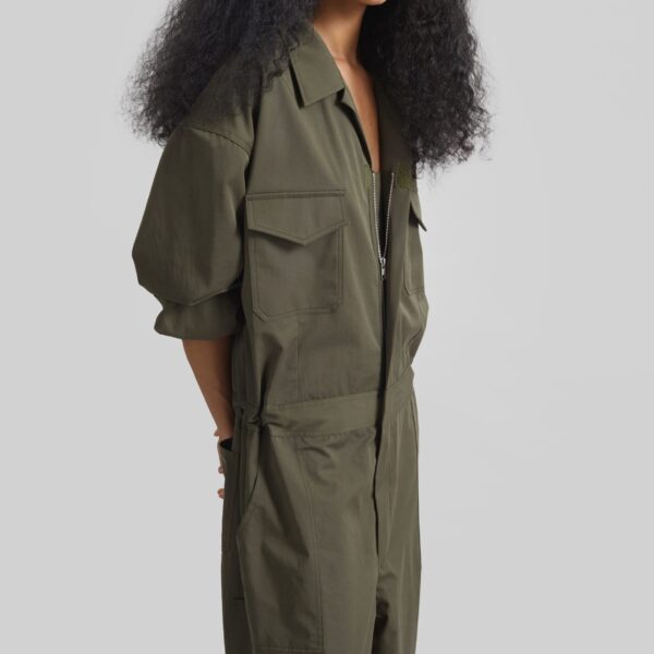 The Frankie Shop Ardea Cotton Utility Jumpsuit - Dark Olive - Oversized Minimalist Jumpsuit in Green - Shop at Coveti