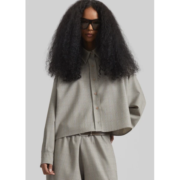The Frankie Shop Arlen Boxy Shirt - Beige Glen Plaid - Oversized Minimalist Tops in Multicolour - Shop at Coveti