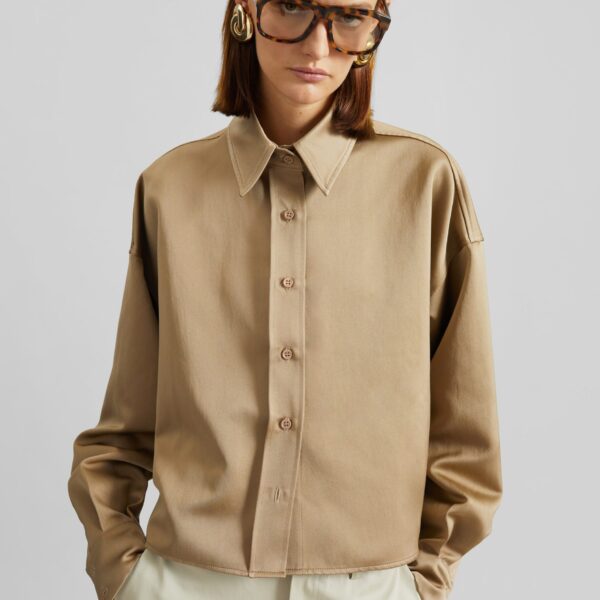 The Frankie Shop Arlen Satin Boxy Shirt - Beige - Oversized Minimalist Tops in Beige - Shop at Coveti