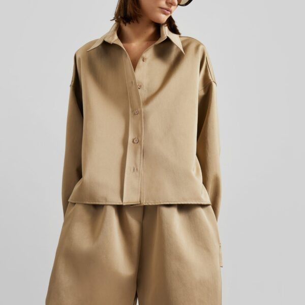 The Frankie Shop Arlen Satin Boxy Shirt - Beige - Oversized Minimalist Tops in Beige - Shop at Coveti