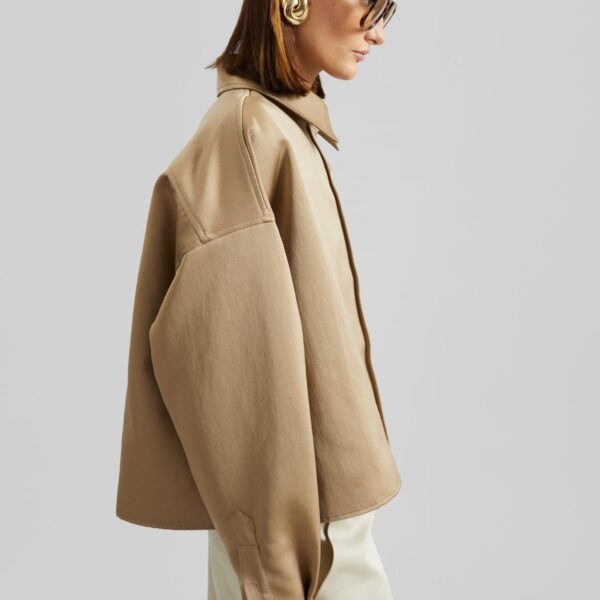 The Frankie Shop Arlen Satin Boxy Shirt - Beige - Oversized Minimalist Tops in Beige - Shop at Coveti