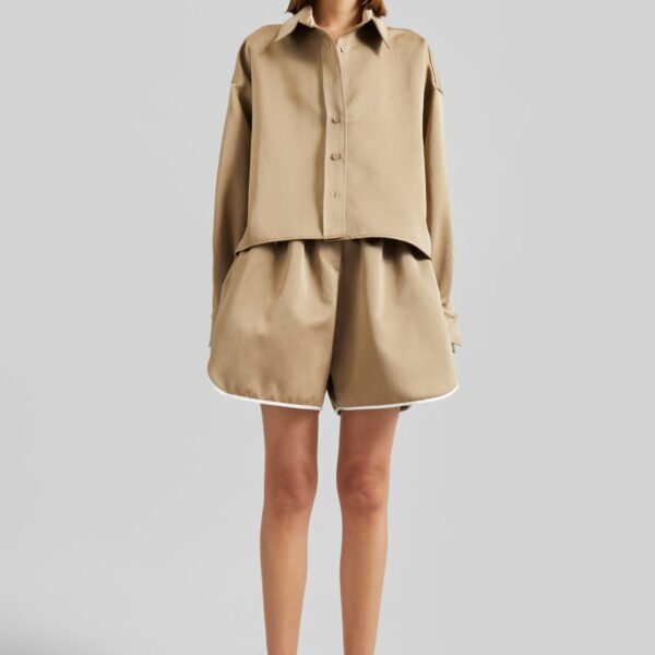The Frankie Shop Arlen Satin Boxy Shirt - Beige - Oversized Minimalist Tops in Beige - Shop at Coveti