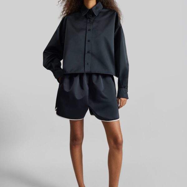 The Frankie Shop Arlen Satin Boxy Shirt - Black - Oversized Minimalist Tops in Black - Shop at Coveti