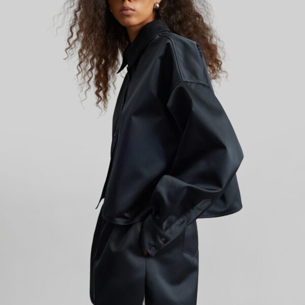 The Frankie Shop Arlen Satin Boxy Shirt - Black - Oversized Minimalist Tops in Black - Shop at Coveti