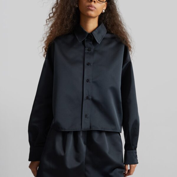 The Frankie Shop Arlen Satin Boxy Shirt - Black - Oversized Minimalist Tops in Black - Shop at Coveti