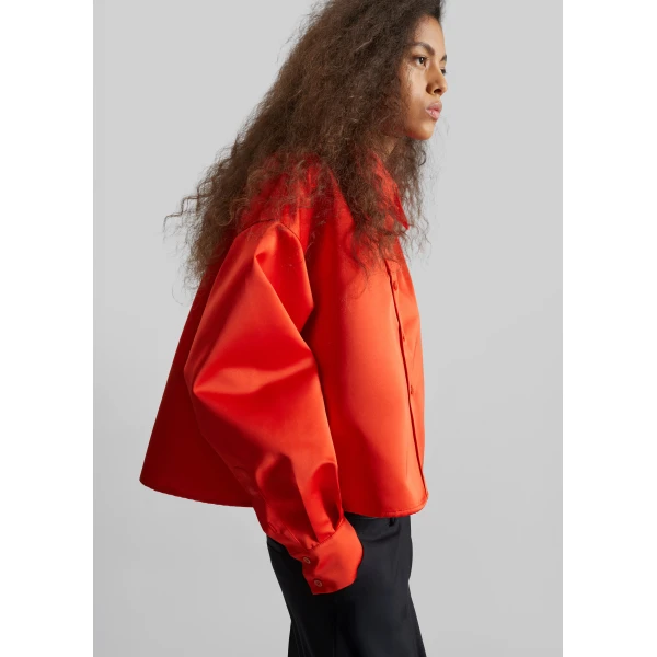 The Frankie Shop Arlen Satin Boxy Shirt – Coral Red, view 2