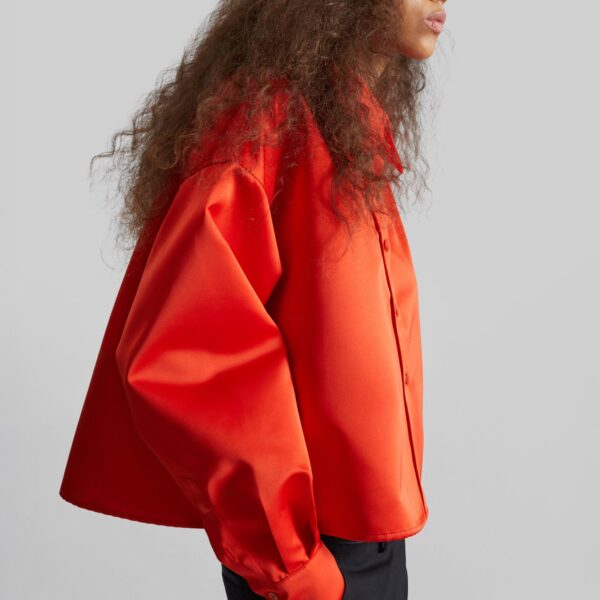 The Frankie Shop Arlen Satin Boxy Shirt - Coral Red - Oversized Minimalist Tops in Orange - Shop at Coveti