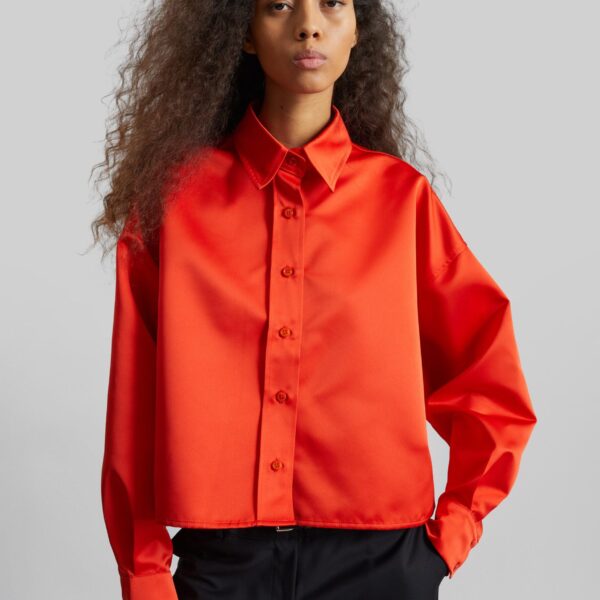 The Frankie Shop Arlen Satin Boxy Shirt - Coral Red - Oversized Minimalist Tops in Orange - Shop at Coveti