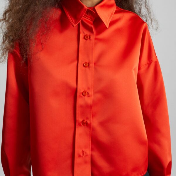 The Frankie Shop Arlen Satin Boxy Shirt - Coral Red - Oversized Minimalist Tops in Orange - Shop at Coveti