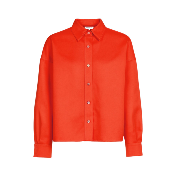 The Frankie Shop Arlen Satin Boxy Shirt - Coral Red - Oversized Minimalist Tops in Orange - Shop at Coveti