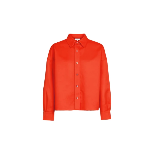 The Frankie Shop Arlen Satin Boxy Shirt - Coral Red - Oversized Minimalist Tops in Orange - Shop at Coveti