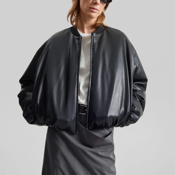The Frankie Shop Arolla Faux Leather Draped Jacket - Black - Oversized Minimalist Jackets in Black - Shop at Coveti