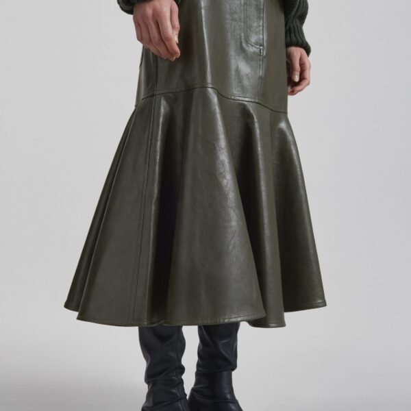 The Frankie Shop Arvika Faux Leather Mermaid Skirt - Dark Olive - Oversized Minimalist Skirts in Green - Shop at Coveti