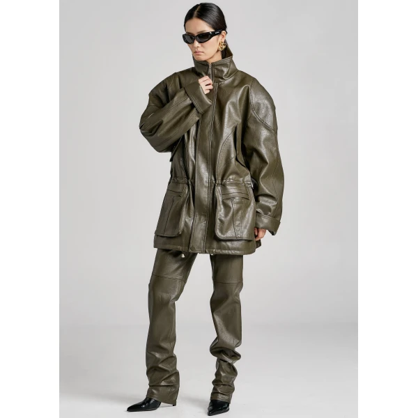 The Frankie Shop Ascona Faux Leather Jacket – Dark Olive, view 4