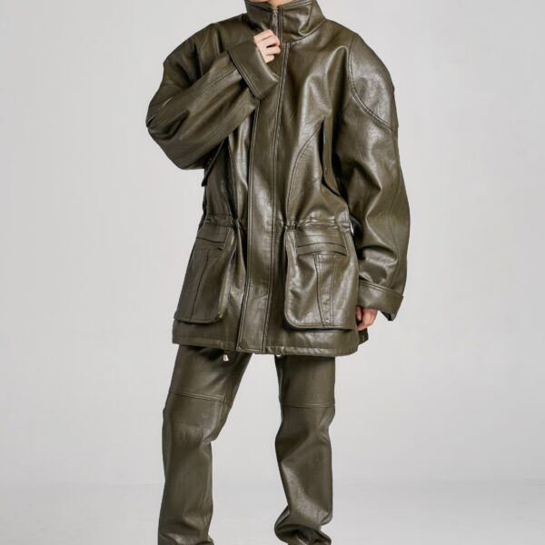 The Frankie Shop Ascona Faux Leather Jacket - Dark Olive - Oversized Minimalist Jackets in Green - Shop at Coveti