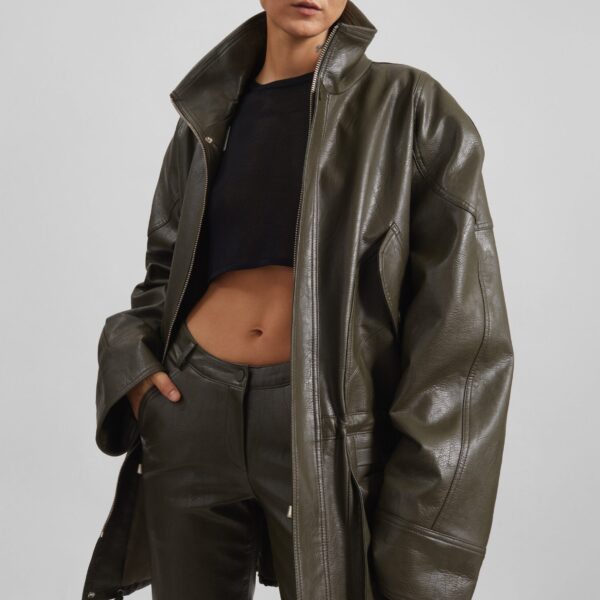 The Frankie Shop Ascona Faux Leather Jacket - Dark Olive - Oversized Minimalist Jackets in Green - Shop at Coveti
