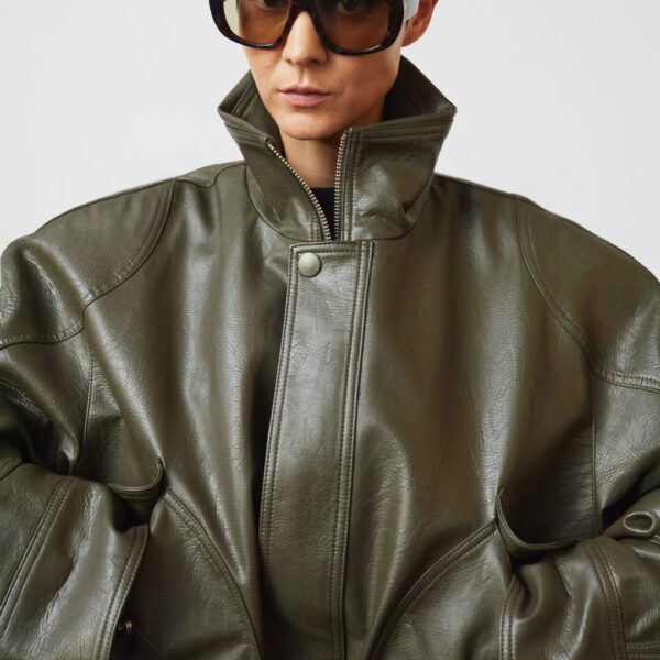 The Frankie Shop Ascona Faux Leather Jacket - Dark Olive - Oversized Minimalist Jackets in Green - Shop at Coveti