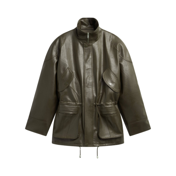 The Frankie Shop Ascona Faux Leather Jacket - Dark Olive - Oversized Minimalist Jackets in Green - Shop at Coveti