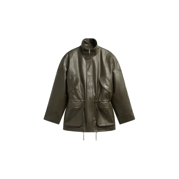 The Frankie Shop Ascona Faux Leather Jacket - Dark Olive - Oversized Minimalist Jackets in Green - Shop at Coveti