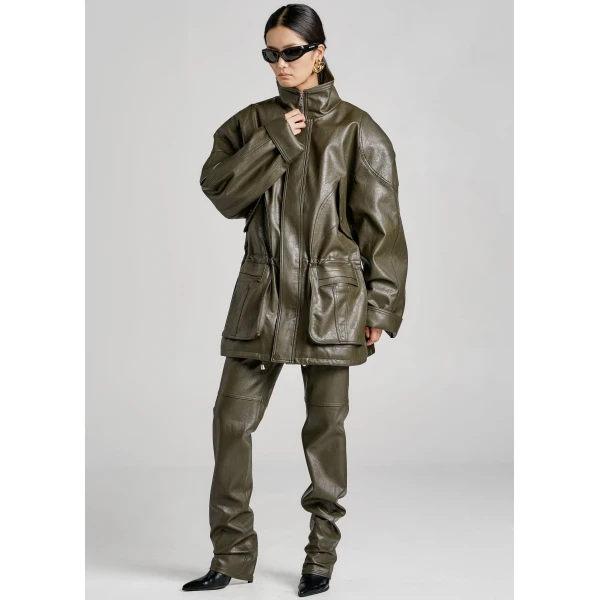 The Frankie Shop Ascona Faux Leather Pants – Dark Olive, view 3