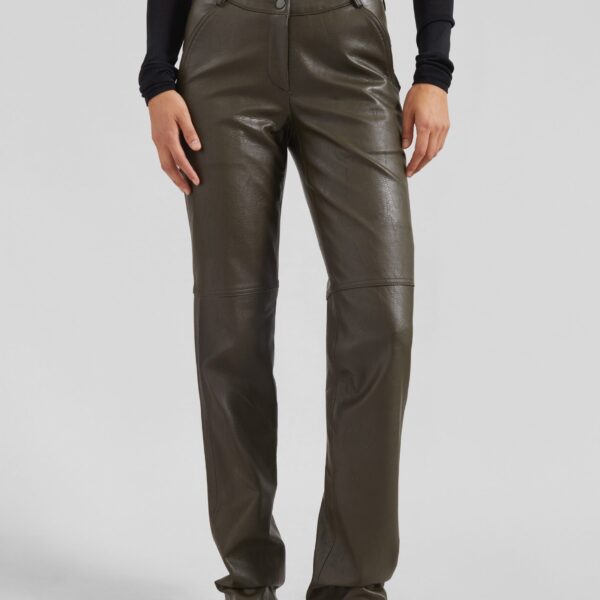 The Frankie Shop Ascona Faux Leather Pants - Dark Olive - Oversized Minimalist Pants in Green - Shop at Coveti