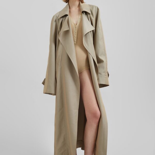 The Frankie Shop Astoria Cut-Out Raglan Sleeve Trench Coat - Beige - Oversized Minimalist Coats in Beige - Shop at Coveti