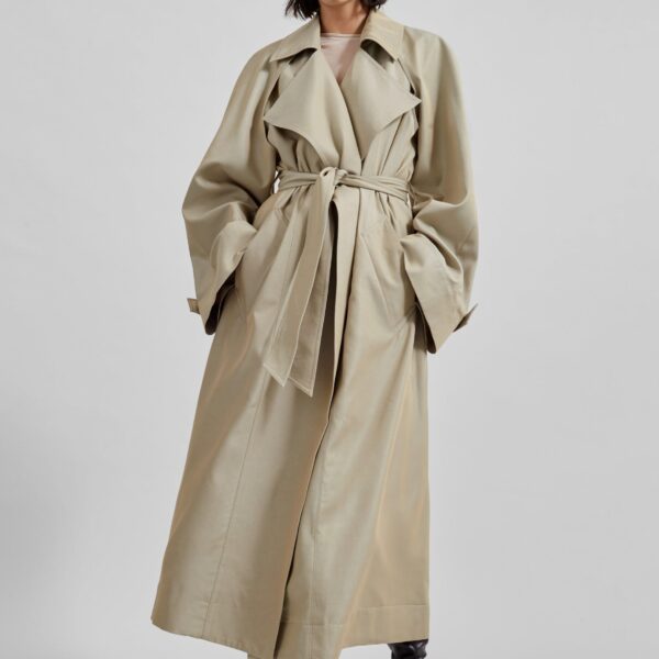 The Frankie Shop Astoria Cut-Out Raglan Sleeve Trench Coat - Beige - Oversized Minimalist Coats in Beige - Shop at Coveti
